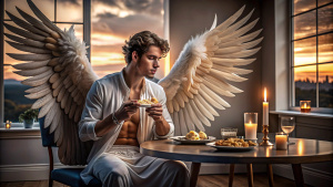 a handsome male angel wearing white clothes and divine archangel michael sitting in the living room of a house eating seated at the table