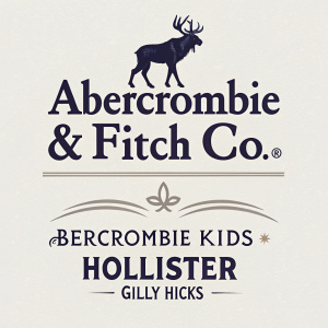 Visual identity of Abercrombie & Fitch Co. with bold, sans-serif font. Highlighting sub-brands like Abercrombie Kids, Hollister, and Gilly Hicks. Professional design with monochromatic color scheme.
