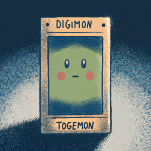 Cartoony illustration of Togemon, a Digimon. Green body, simple face, unique design. On card labeled 'Digimon Togemon'. Vibrant colors, playful anime style, gray background.