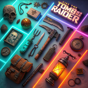 Digital 3D assets for 'Rise of the Tomb Raider' in vibrant hues. Grid arrangement, contrasting on a neon background.