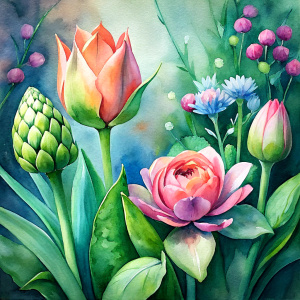  watercolor image , artichokes  , pink wax flower, green dandelion, , bluebell flower.Snowdrop watercolor, pink background