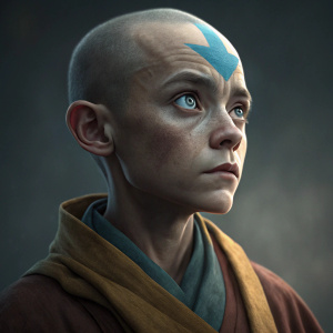 Digital 3D render of Aang from Avatar: The Last Airbender. Blue lightning-shaped marking on forehead. Expressive eyes, dark grey background.