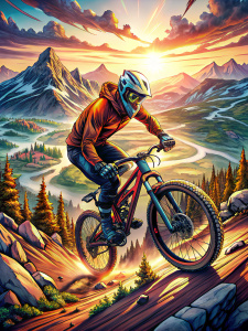 modern comic book illustration, dynamic realism, powerful subjects, detailed textures, traditional mediums, energetic, bold and vibrant colors, epic and heroic themes, meticulous attention to detail, skillful rendering texturing, captivating, visually impactful, ready to print, cityscape mountain biker sunset containing mountains, trails, trees, dirt road, incredibly detailed and intricate, hypermaximalist