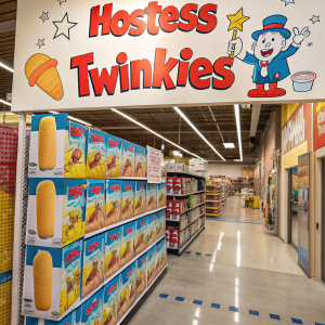 A colorful aisle in a supermarket. Multiple boxes of Hostess Twinkies, featuring a friendly cartoon mascot. Bold red text and promotional banners hanging above the shelves.
