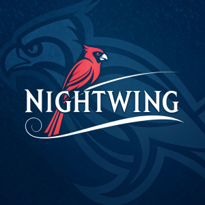 Illustration of NightWing logo. Dark blue background with flowing text 'NightWing'. Red bird-like figure. Modern, sleek design