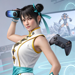 Ling Xiaoyu, from Tekken, striking a pose. A virtual reality gaming setup in the background