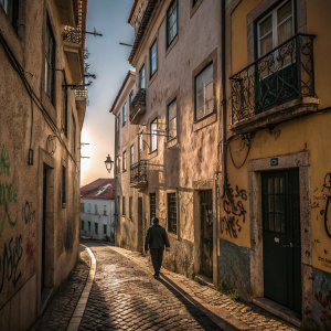 A narrow street in Alfama, Lisbon, Portugal, with old buildings with peeling paint and graffiti, small windows and balconies. Cobblestone street. A lone figure in the distance. Dramatic lighting casting long shadows.