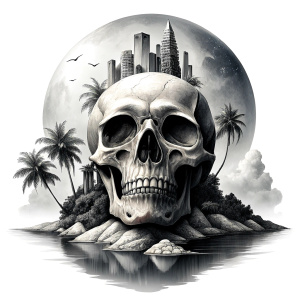 skull island tattoo design - perfect realistic art - high-definition - grey and black - white background 