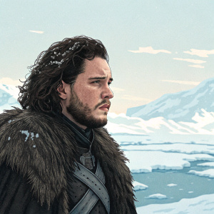 Stylized, pixelated headshot of Jon Snow. Arctic tundra background.