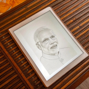 Digital sketch of Narendra Modi, former Prime Minister of India. Pencil drawing. Realistic style. Depicts his face and features in black and white. Displayed on a high-resolution monitor.