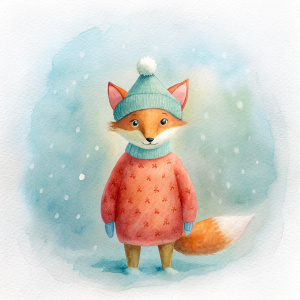 christmas jumper with little fox  with a cute hat on 