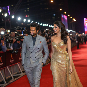 Riteish Deshmukh and Nargis Fakhri at premiere event. He in grey suit, she in shimmering gold gown. Red carpet scene with flashing cameras.