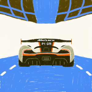 Concept car McLaren P1 GTR in a futuristic setting. Silver and black with aerodynamic design, large rear wing, and exhaust outlets. The McLaren logo is prominently displayed.