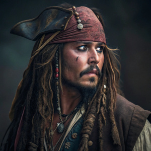 Close-up of Johnny Depp as Jack Sparrow from 'Pirates of the Caribbean'. Detailed makeup and costume, dark and moody background