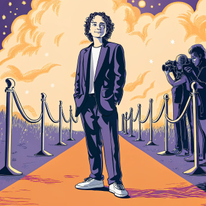 Wyatt Oleff at the Hollywood premiere of Guardians of the Galaxy Vol. 2, dressed in a black suit with a crisp white shirt and a pair of casual white sneakers. Curly hair. Red carpet with flashing cameras.