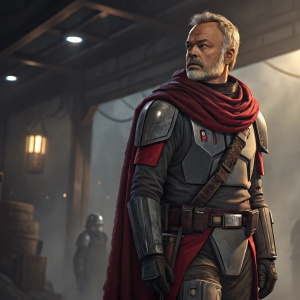 Graham Norton, dressed as the Mandalorian from Star Wars. He wears a grey armor, red scarf. Standing in a dimly lit room, surrounded by mysterious shadows