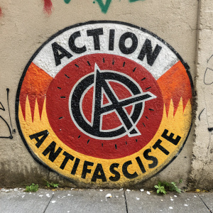 Roughly painted anti-fascist logo on gritty background. 'ACTION ANTIFASCISTE' in bold font. Anarchic symbol in center.