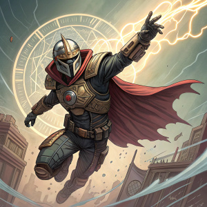 Gundala, a hero from a comic book, depicted in a dramatic, mid-air pose with arms extended. Wearing a detailed armored suit and a distinctive helmet. Background features abstract designs and energy lines.