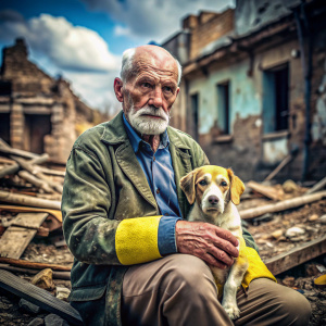 war in Ukraine, a wrinkled, sad old man sits against the background of the ruins of his house, on the old man’s sleeve there is a yellow and blue bandage, a small puppy sits next to him