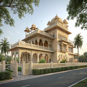 High-resolution 3D rendering of a majestic Haveli in a serene Indian suburb. The structure features intricate classical architecture, multiple tiers, and ornate arches. The facade is painted in a warm beige, complemented by a crisp white fence and lush greenery surrounding it.