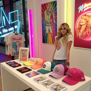Brightly colored promotional merchandise featuring Miley Cyrus as Hannah Montana. Items are displayed on a white table with neon signage and posters in the background.