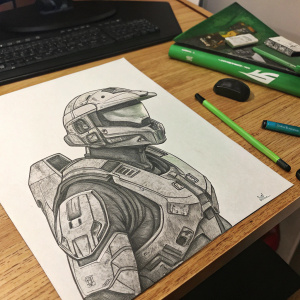 Illustration of Master Chief from the Halo game series. Pencil sketch on a wooden desk with green accents and metallic details.