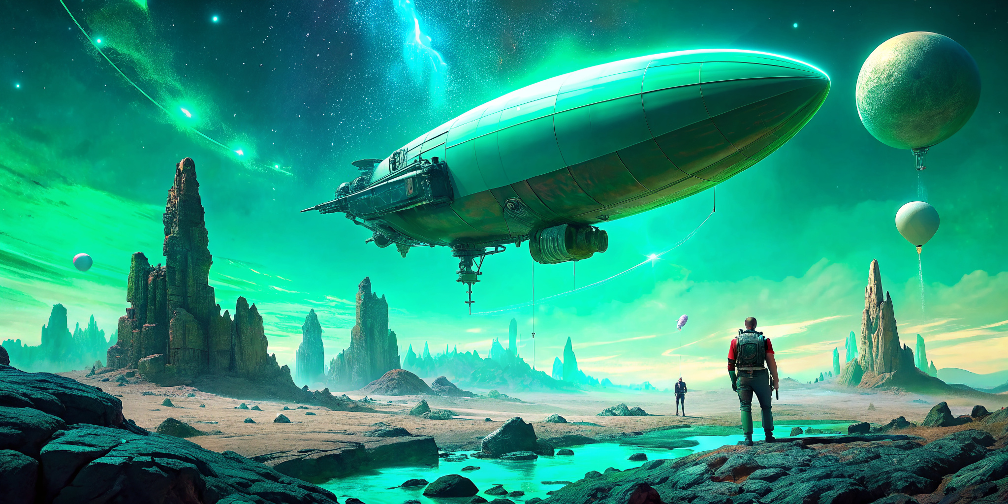 dirigible in alien planet and a astronaut standing on ground, cyberpunck