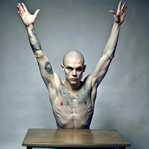 Actor Evan Peters, shirtless, with shaved hair and tattoos, skinny, showing armpits, arms up, boss, looking at the camera, resting his barefoot feet on the table, feet up by Nick Knight