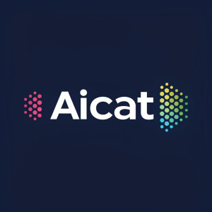The AICAT logo features a bold, sans-serif font with a modern abstract element composed of vibrant, pixel-like shapes on the left side. The design is sleek and contemporary, reflecting a tech-inspired aesthetic.