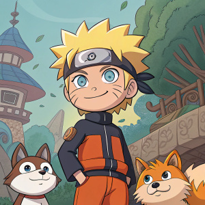 Naruto, the ninja boy, surrounded by his quirky animal companions. The scene is set against a vivid, colorful background filled with intricate details.