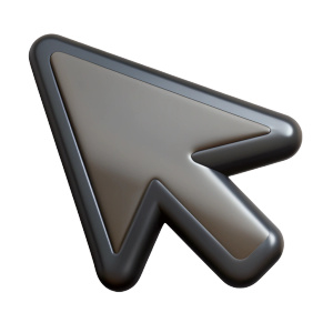 A mouse cursor icon. 
The icon is made in 3D format in a cartoon style. 
The outline is black