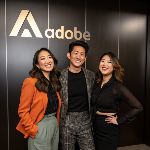 Sherry Cola, Justin Min, and Ally Maki posing at Adobe headquarters. Dark, sleek background with Adobe logo prominently displayed