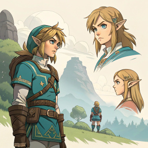 Digital illustration showcasing a modern redesign of 'The Legend of Zelda: Breath of the Wild' characters. Detailed artwork and sketches of the characters in various poses and moods.
