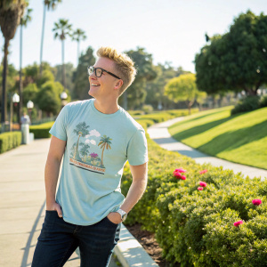 Tyler Oakley in casual attire, wearing a light blue graphic t-shirt. Poses outdoors at a sunny park, smiling confidently.