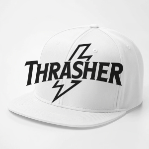 Logo design for 'Thrasher'. Modern, edgy style. White background. Bold, angular font for the name 'Thrasher'.