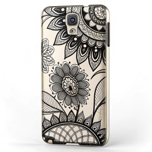 Samsung Galaxy Note 3 case, 3D printed. Features intricate black lace-like patterns, geometric shapes and floral designs. Black and white design