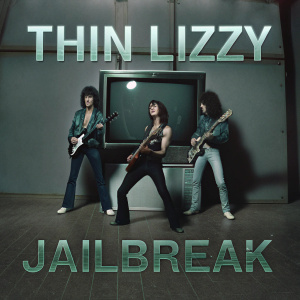 Promotional poster for Thin Lizzy's album 'Jailbreak'. Vibrant color scheme, characters in action scene, large television set backdrop.