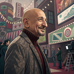Ben Kingsley, bald head and warm smile, standing amidst a chaotic backstage area filled with logos and banners.