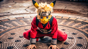 Full body, a fusion of Pikachu and Naruto, with Naruto characteristics, cute manga, high-definition graphics, high-definition wallpaper, movie texture,kneeling on the ground, making complex gestures with both hands and fingers, with circular black patterns on the ground,forehead protector, ninja, 