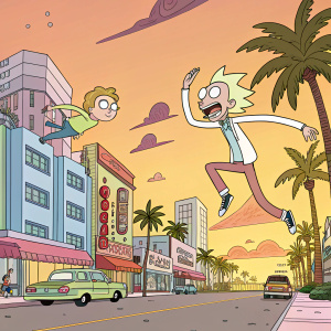 In a bustling cityscape, Miami Morty, blonde hero, leaps atop Motion Capture Morty, defender of the city. Flat, vibrant colors characteristic of 'Pocket Mortys'.