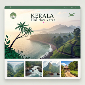 Homepage of 'Kerala Holiday Yatra' showcases a range of vacation packages. High-resolution images of Kerala's serene landscapes, including lush forests and pristine beaches. Website navigation intuitive, highlighting special deals for honeymooners. Design emphasizes Kerala's unspoiled natural beauty.