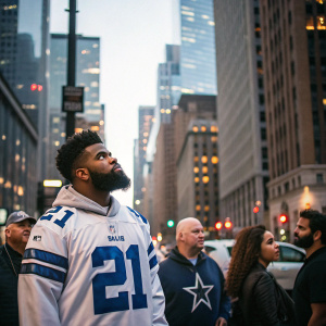Ezekiel Elliott, wearing Dallas Cowboys jersey number 21, stands on a bustling city street. People walk by, some giving him curious glances. Urban backdrop with skyscrapers and street lights.