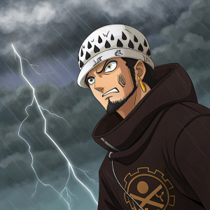 Trafalgar Law, One Piece character, wearing dark brown attire, displaying a fierce and determined expression. Amidst a stormy sky backdrop