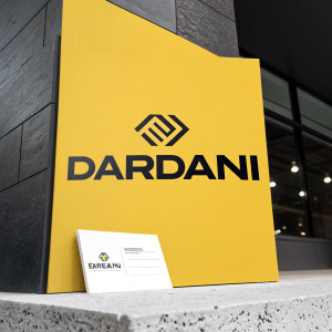 Modern branding design for Dardani. Large, bold logo on a bright yellow poster. Simple white business card featuring logo and contact information. Dark background highlights the design elements.