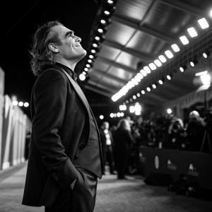 Joaquin Phoenix as Joker. Red carpet event. Black and white themed gala. Glaring lights and dramatic poses