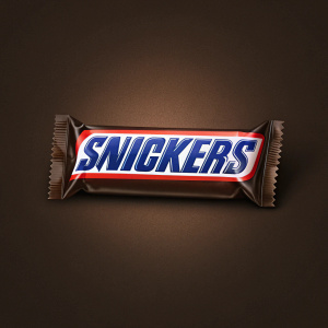 Dark brown background featuring a Snickers candy bar wrapper with the bold 'SNICKERS' logo.
