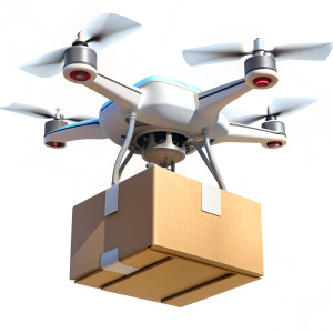 A drone flying with a box in the air on white background - Recraft