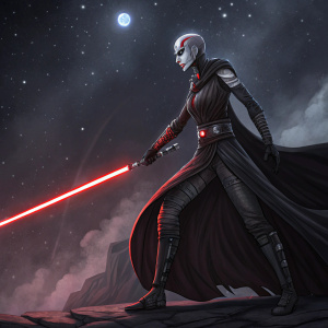 Asajj Ventress in an epic pose, wielding her signature red lightsaber. Dark, space-themed backdrop.