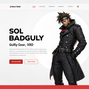 Website screenshot featuring Sol Badguy from Guilty Gear Xrd, in a sleek black outfit.