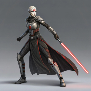 A character inspired by Asajj Ventress. Standing confidently, detailed futuristic outfit, dynamic pose. Neutral gray background.